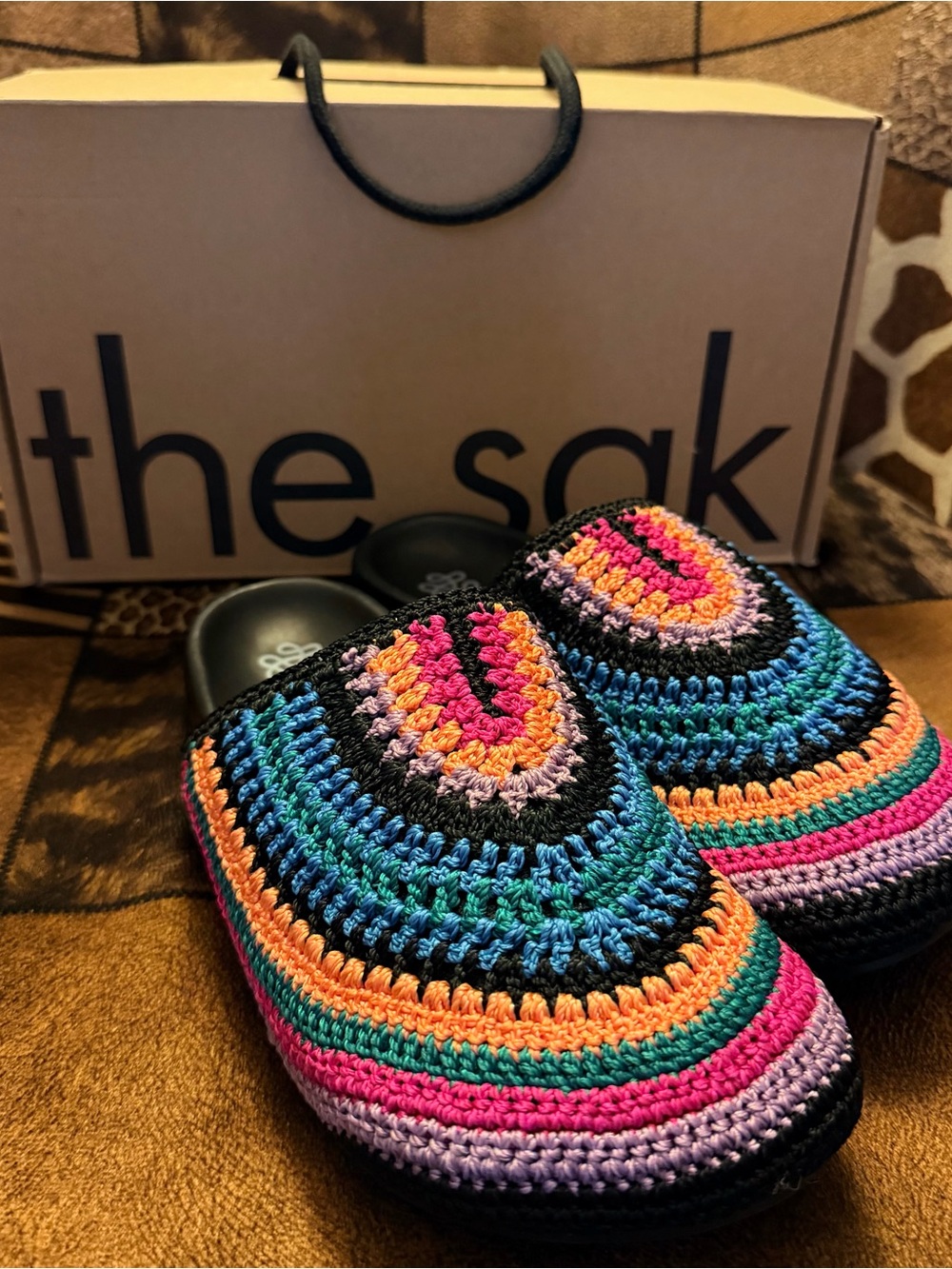 The Sak Multicolor Crochet Slide Mules in Black Base